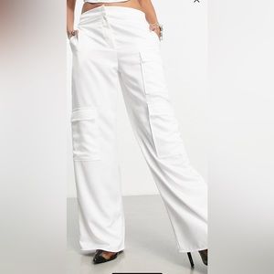 SATIN WIDE LEG CARGO PANTS WHITE